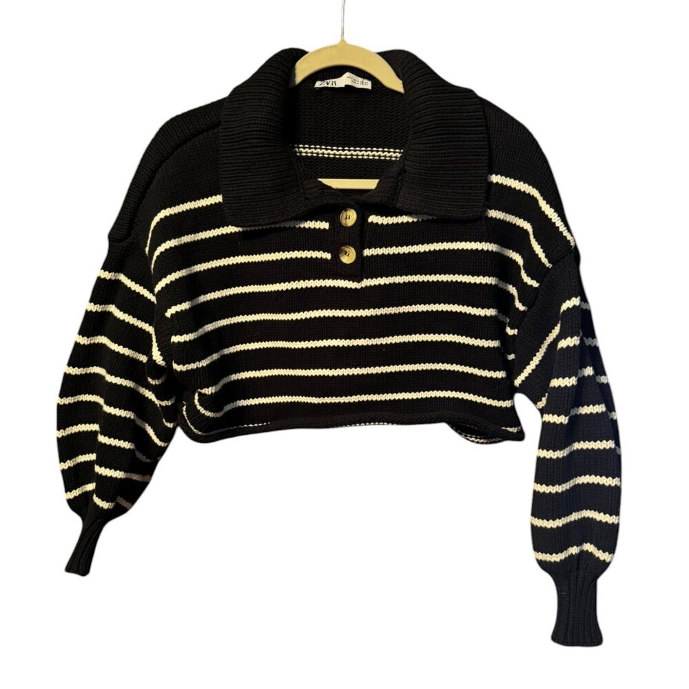 Zara navy and white striped over sized bulky chunky knit cropped sweater